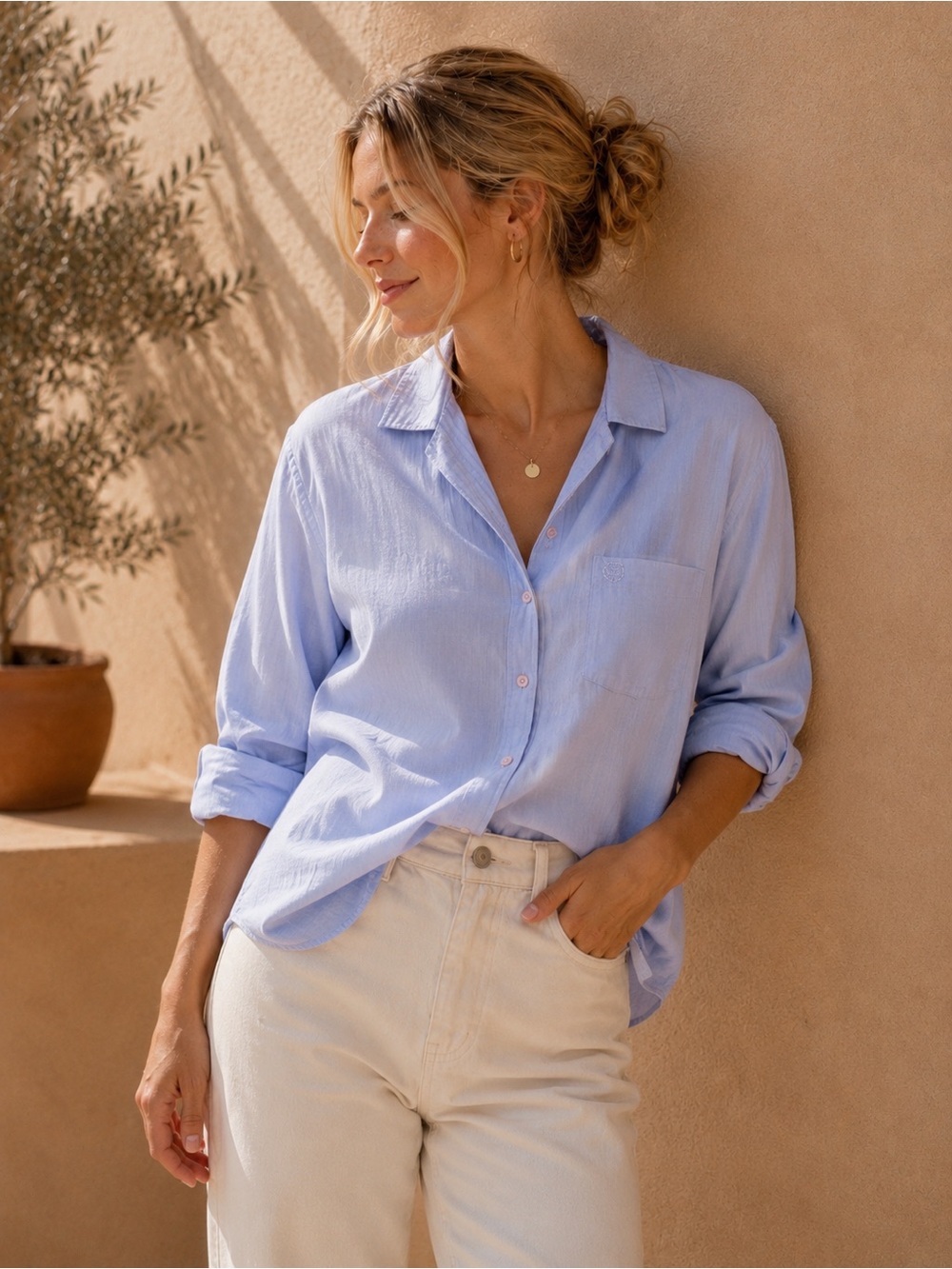 KARI | 100% Cotton Button-Down Shirt | Classic Blue Long-Sleeve Blouse